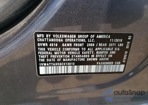 2016 Volkswagen Passat S из США, поврежденный, VIN 1VWAT7A3XGC013910